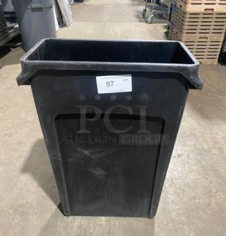 Rubbermaid Slim Jim 23 Gal. black rectangular trash can, durable condition, commercial use, visible label with number 97.
