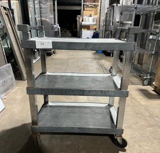 Commercial heavy-duty multi-tier utility/bus cart with three shelves and casters, metallic finish, item tag "34".