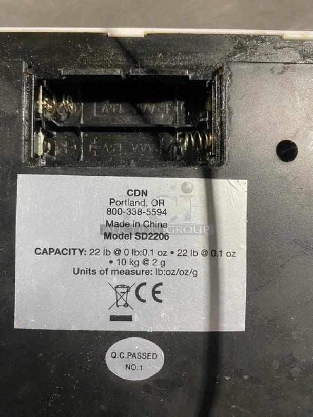 CDN Commercial 22 lb. Digital Weight Scale, Model SD2206, showing model and capacity label. Made in China.