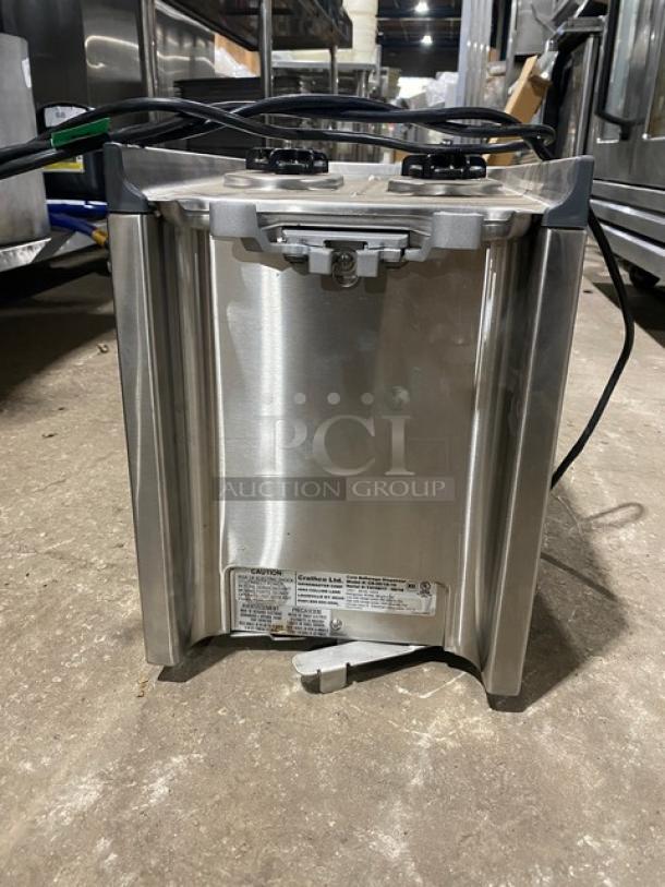 Crathco CS-2E/1D-16 stainless steel countertop beverage dispenser, 2018 model, 120V, electric, good condition, labels visible.