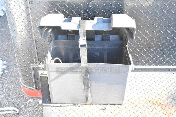 Southern Dimensions Shell Food Trailer with diamond plate exterior, open utility box, ready for kitchen equipment, sold with clear title.