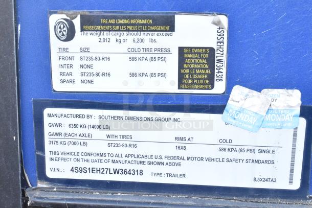 Southern Dimensions Shell Food Trailer label, detailing tire specifications and GVWR. Clear title included.