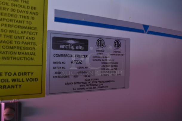 Label on Arctic Air Commercial Freezer, Model AF23Z, showing specifications, batch number A2009, and serial number H23094559.