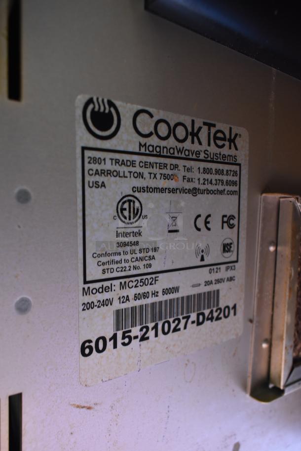 CookTek MagnaWave Systems label with contact info and model MC2502F, showing electrical specifications and certifications.
