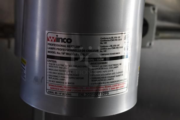 Winco professional heat lamp model EHL-2C with detailed label showing specifications and safety warnings.