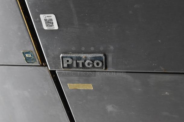 Metal surface with Pitco logo, NSF certification label, and QR code. Detailing marks and slight wear visible.