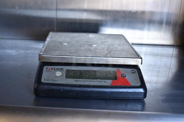 Digital kitchen scale with "Taylor" branding, model TE22FT. Capacity: 22 lb/10 kg. Positioned on a stainless steel surface.