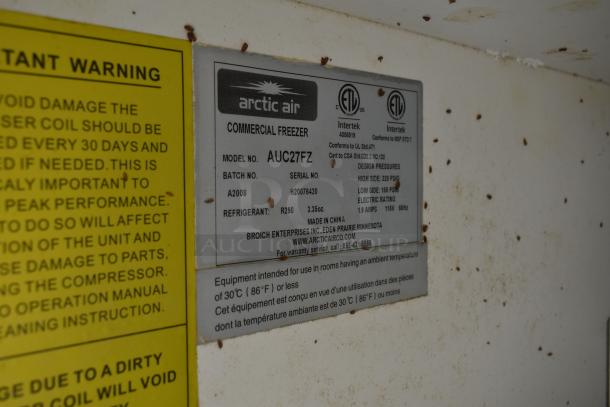 Arctic Air commercial freezer label, model AUC27FZ, batch no. A2008. Specs: 115V, 1.9A, R290 refrigerant. Made in China.