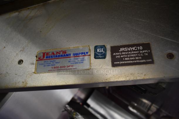 Jean's Restaurant Supply labels on metal surface, NSF certified. Key details for equipment identification included.