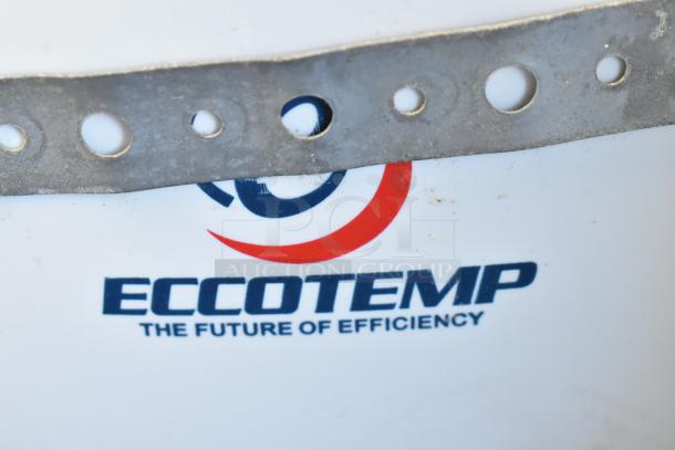 Metal strap over Eccotemp logo with tagline "The Future of Efficiency" on a white background. Dirt visible on surface.