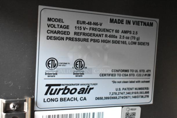 Turbo Air label on cold food trailer equipment. Model EUR-48-N6-V, voltage 115V, refrigerant R-600a. Made in Vietnam.