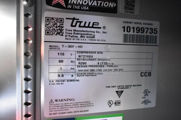 Label on True Freezer model T-35F-HC. Details include compressor model NT2180U, refrigerant R290, and UL certification.