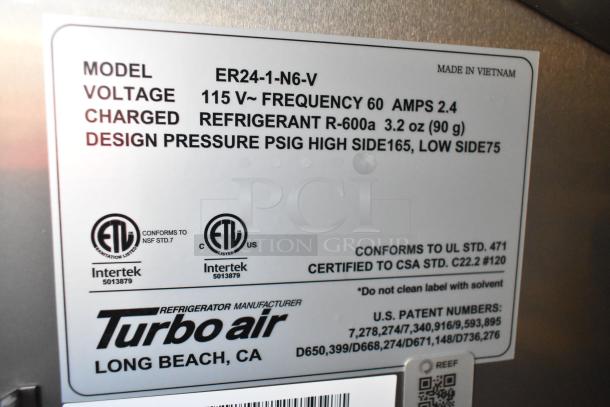 Label on Turbo Air cooler model ER24-1-N6-V. Voltage 115V, frequency 60Hz, charged with R-600a. Made in Vietnam.