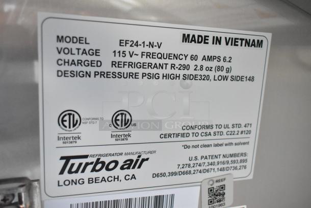 Label on Turbo Air cooler showing model EF24-1-N-V, voltage 115V, and refrigerant R-290. Made in Vietnam.