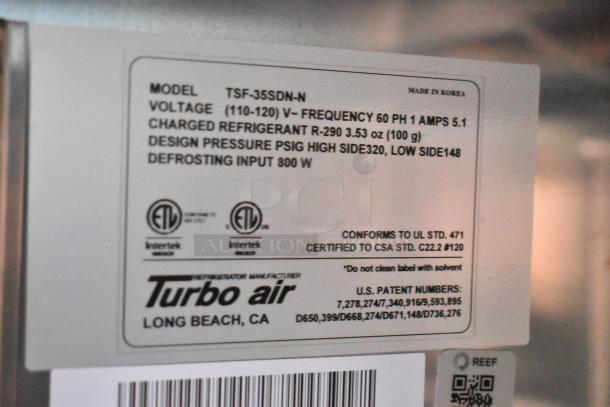 Label on Turbo Air appliance model TSF-35SDN-N, showing voltage, refrigerant type, and compliance details.