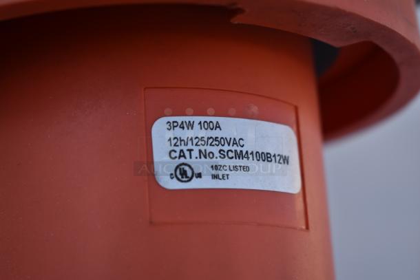 Label on orange component reading "3P4W 100A, 12h/125/250VAC, CAT.No. SCM4100B12W, UL listed inlet."