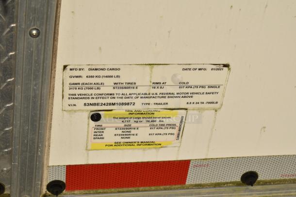 Label on a Nationwide 24' Shell Food Trailer, manufactured January 2021 by Diamond Cargo. GVWR: 6350 kg. V.I.N: 53NBE2428M1089872.