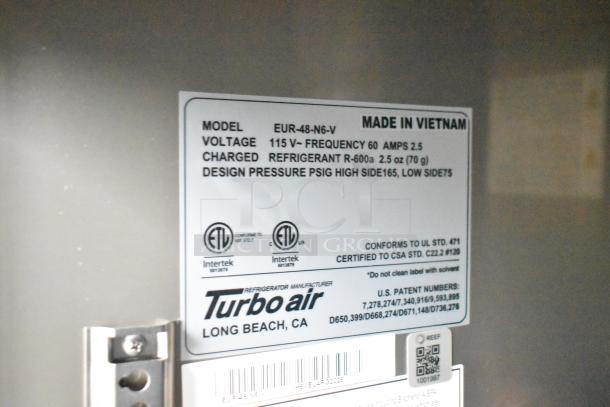 Label of Turbo Air cooler on trailer, model EUR-48-N6-V, specs: 115V, 60Hz, R-600a refrigerant, made in Vietnam.