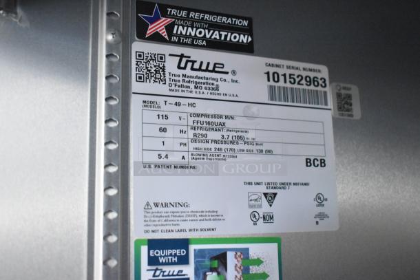 Label for True Refrigeration model T-49-HC, showcasing specs including compressor, refrigerant, and certifications.