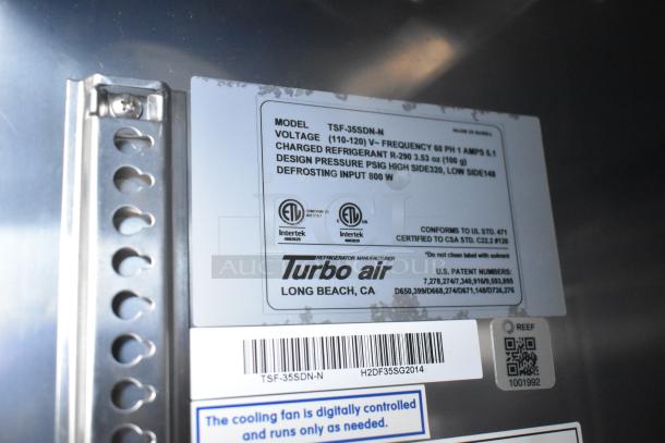 Turbo Air cooler label showing model TSF-35SDN-N, voltage, refrigerant type, and patent details.