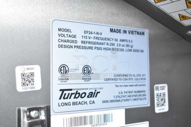 Label on Turbo Air cooler showing model EF24-1-N-V, voltage 115V, refrigerant R-290, and certifications. Made in Vietnam.