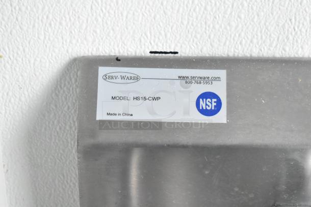 Label on Serv-Ware Model HS15-CWP, indicating NSF certification, contact details, and Made in China.