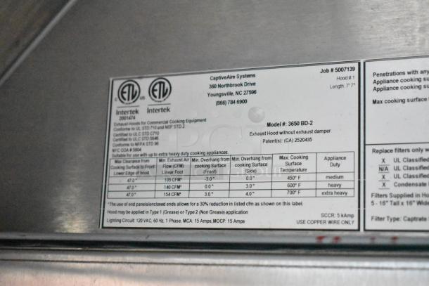 Label on 2021 Titanium Cargo 28' food trailer that includes grease hood, sinks, shelves, and security system. Model #3650 BD-2.