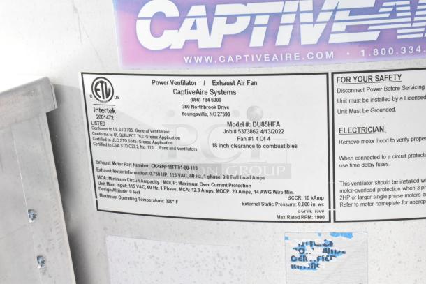Label on Captive Aire Systems power ventilator for 2020 Continental Cargo kitchen trailer, model #DU85HFA.
