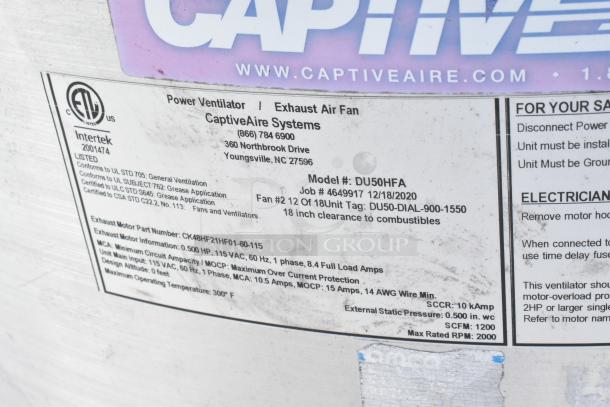 Label on CaptiveAire Systems exhaust fan, model DU50HFA, with technical specifications and safety information.