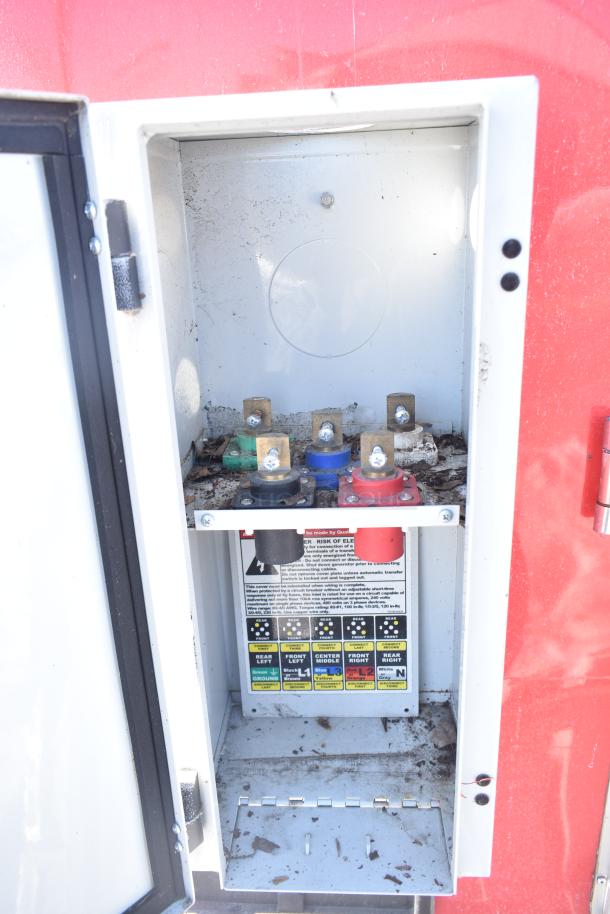 Electrical panel inside Rock Solid Cargo fast food trailer, showing colored connectors and safety labels.