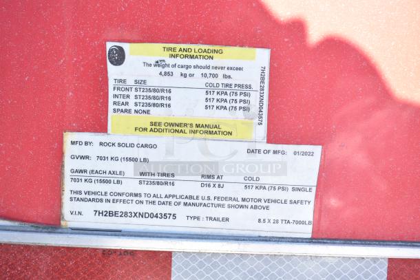 Label on Rock Solid Cargo trailer, detailing tire sizes and weights. MFG date: 01/2022. GVWR: 7031 kg (15500 lb).