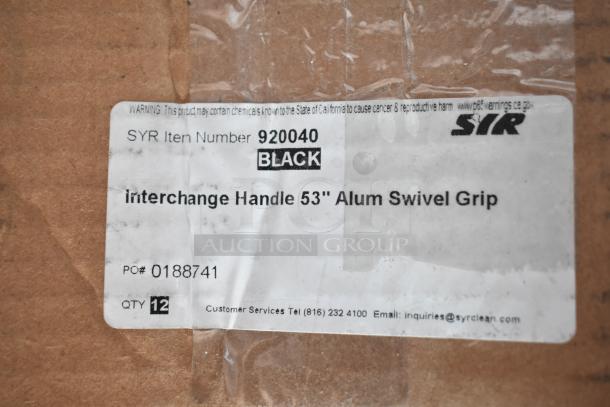 Brown cardboard box with a label. SYR item number 920040, black, Interchange Handle 53" Alum Swivel Grip. Qty: 12.