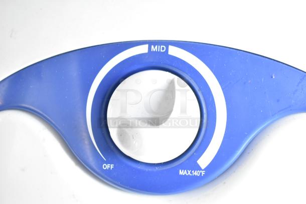 Blue and white temperature control knob with settings: OFF, MID, MAX 140°F. Slight wear visible.