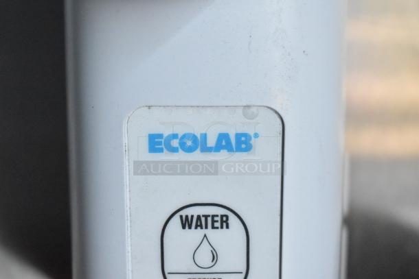 Ecolab water dispenser with blue logo and black lettering on a white background, part of mobile kitchen equipment.