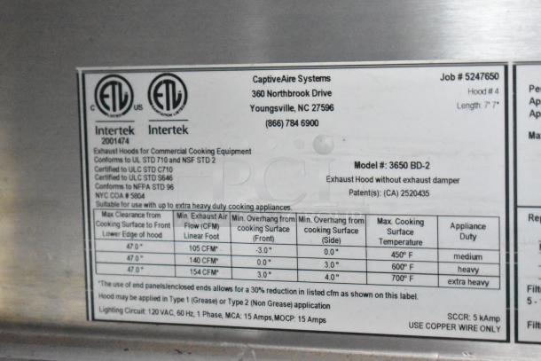 Label on CaptiveAire exhaust hood, model 3650 BD-2, showing compliance with UL and NSF standards and performance specs.