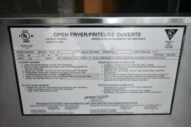 Label for Henny Penny gas fryer, model EEG-253, with instructions in English and French. UL listed, made in USA.