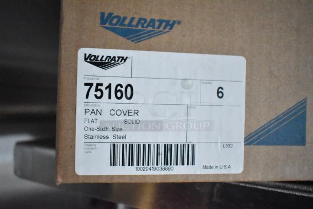 Cardboard box with Vollrath branding, labeled "Pan Cover, Flat Solid, One-Sixth Size, Stainless Steel," product no. 75160.
