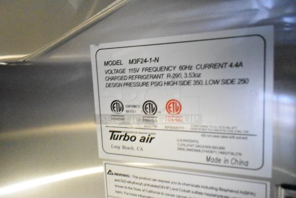 Turbo Air refrigeration label showing model M3F24-1-N, voltage 115V, ETL certified, made in China.
