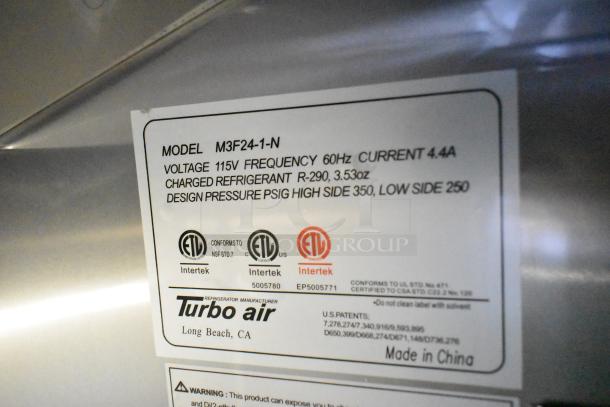 Label on Turbo Air refrigeration unit, Model M3F24-1-N, details voltage, frequency, refrigerant, and safety certifications.