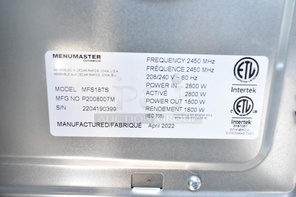 Label from a Menumaster commercial appliance. Model MFS18TS, manufactured April 2022, with power specs and ETL certification marks.