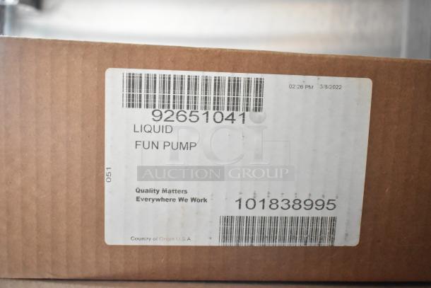 Cardboard box with a label showing "92651041 LIQUID FUN PUMP," dated 03/08/2022, marked "Quality Matters Everywhere We Work," USA.