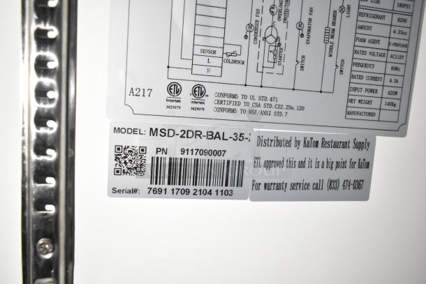 Label close-up showing model MSD-2DR-BAL-35 details, ETL approval, and KaTom Restaurant Supply contact info.