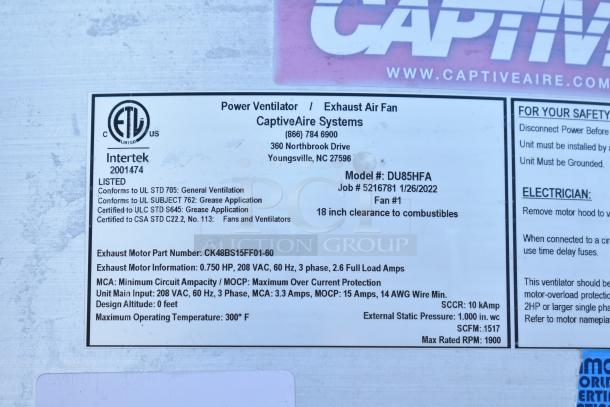 Label for CaptiveAire system on a Rock Solid Cargo trailer. Shows model DU85HFA, specifications, and compliance details.