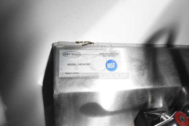 Serv-Ware model HS15-CWP NSF stainless steel fixture label; includes website and phone number. Made in China.