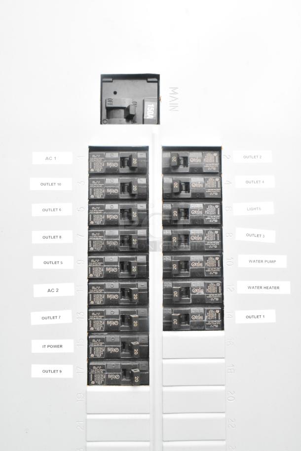 The image shows an electrical panel with labeled breakers inside the Southern Dimensions 24' cold food and beverage trailer. Labels include AC, outlets, lights, water heater, and more.