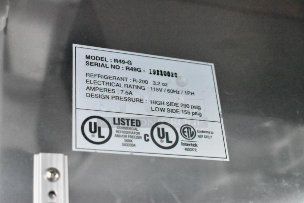 Alt text: UL label for commercial refrigerator, model R49-G, serial R49G 19110020, shows refrigerant R-290 and specs.