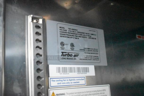 Turbo Air appliance label showing model TSF-35SD-N specs, voltage, and certifications in a Southern Dimensions trailer.