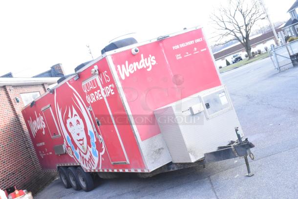 28' Wendy's fast food trailer, fully equipped with commercial kitchen appliances, red exterior, labeled for delivery only.
