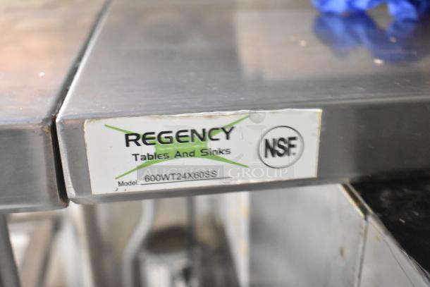 Regency stainless steel table label showing NSF certification and model 600WT24X60SS.