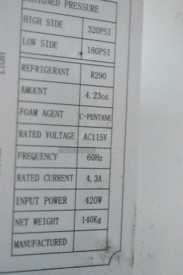 Label detailing refrigeration specs: High Side 320 PSI, Low Side 180 PSI, Refrigerant R290, Voltage AC115V, Input Power 420W.